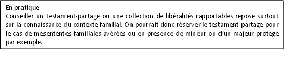 En pratique
Conseiller un testament-partage ou une collection de libéralités rapportables repose surtout sur la connaissance du contexte familial. On pourrait donc réserver le testament-partage pour le cas de mésententes familiales avérées ou en présence de mineur ou d’un majeur protégé par exemple.
